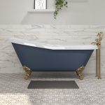 Baxenden Freestanding Single Ended Roll Top Slipper Bath Blue with Brushed Brass Feet