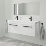 1200mm White Wall Hung Double Vanity Unit with Basin and Black Handles - Ashford