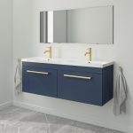 1200mm Blue Wall Hung Double Vanity Unit with Basin and Brushed Brass Handles - Ashford