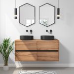 1200mm Wood Effect Wall Hung Double Countertop Vanity Unit with Basin - Roxbi