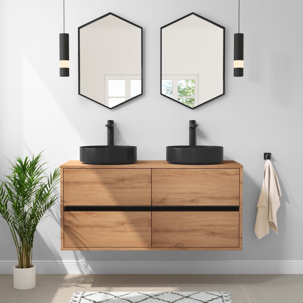 1200mm Wood Effect Wall Hung Double Countertop Vanity Unit with Basin Roxbi Best Bath Items