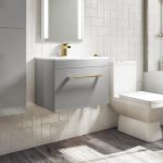600mm Grey Wall Hung Vanity Unit with Basin and Brushed Brass Handle - Ashford