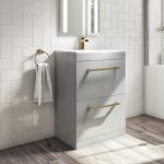 600mm Grey Floorstanding Vanity Unit with Basin and Brushed Brass Handle - Ashford