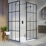 Black 1400x800mm Grid Framework Walk In Shower Enclosure and Shower Tray with Hidden Waste - Nova