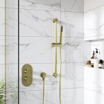 Brushed Brass Single Outlet Thermostatic Mixer Shower with Pencil Handset - Arissa
