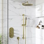 Brushed Brass Dual Outlet Thermostatic Mixer Shower with Round Wall Mounted Shower Head & Pencil Handset - Arissa