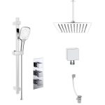 Chrome Triple Outlet Mixer Shower with Square Ceileing Mounted Shower Head, Handset & Bath Filler - Cube