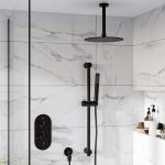 Black Concealed Shower Mixer with Dual Control & Round Ceiling Mounted Head and Handset - Arissa