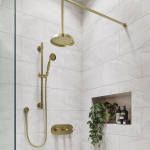 Brushed Brass Dual Outlet Thermostatic Mixer Shower with Round Ceiling Mounted Shower Head and Handset - Camden