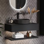 800mm Black Wall Hung Countertop Vanity Unit with Black Basin and Shelf - Lugo
