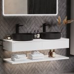 1200mm White Wall Hung Double Countertop Vanity Unit with Black Basin and Shelf - Lugo