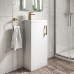 400mm White Cloakroom Freestanding Vanity Unit with Basin and Brass Handle - Ashford